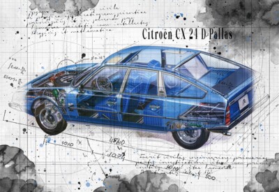 Line Tech Zeichnung Citroën CX 24 D Pallas Cutaway Kunst Poster Druck