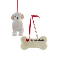Labradoodle with Dog Bone Ornament Set