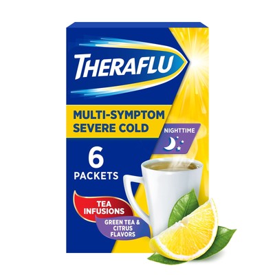 Thera flu Nighttime Severe Cold Relief Powder, Green Tea and Citrus, 6 Packets