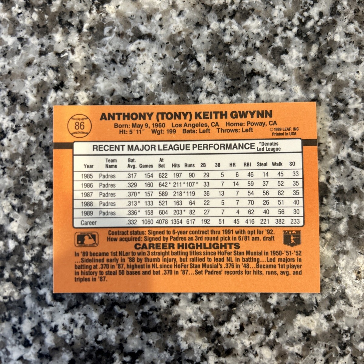 1990 Donruss Tony Gwynn #86 ERROR Card No Period after Inc