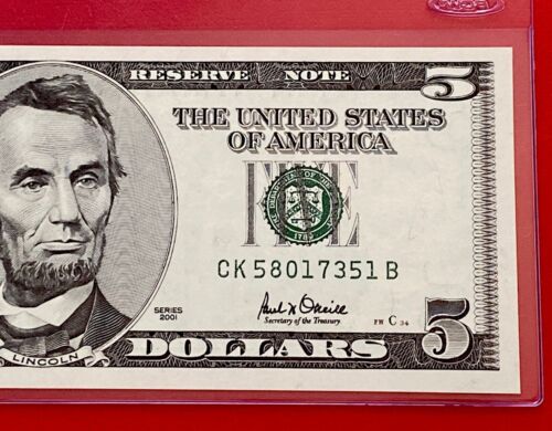 2001 $5 Dollar Bill ( DALLAS K ) UNCIRCULATED - Afbeelding 1 van 3