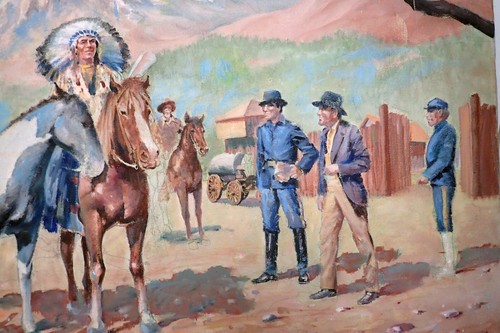 Rare Oil Painting - "Native Americans Arrive at a Military Fort in Wyoming" - Picture 12 of 20