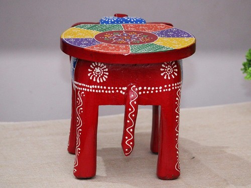 Handcrafted Hand-Painted Colorful Wooden Elephant Stool 22 Centimeters Rose Gold - Picture 25 of 27