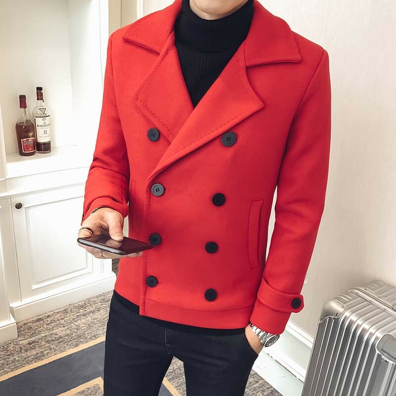 Men's Woolen Jacket Peacoat Double Breasted Long sleeve Slim Fit