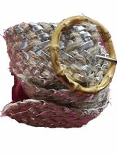 Silver WOVEN Tan JUTE BELT Metallic Wide Round BAMBOO BUCKLE 43” ADJUSTABLE Boho