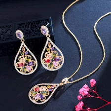 Top Yellow Gold Plated Multicolor CZ Flower Earring Pendant Necklace Jewelry Set