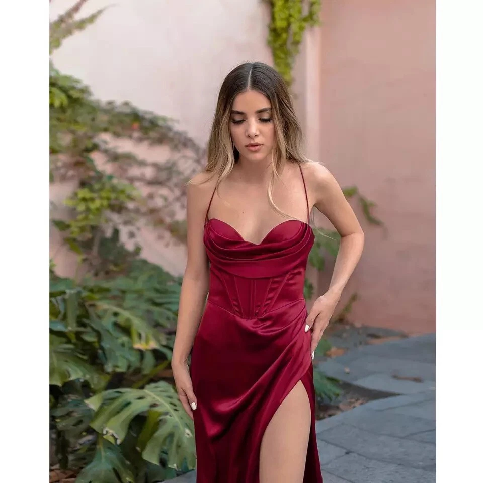 Cowl Neck Satin Open Back Dress in Red