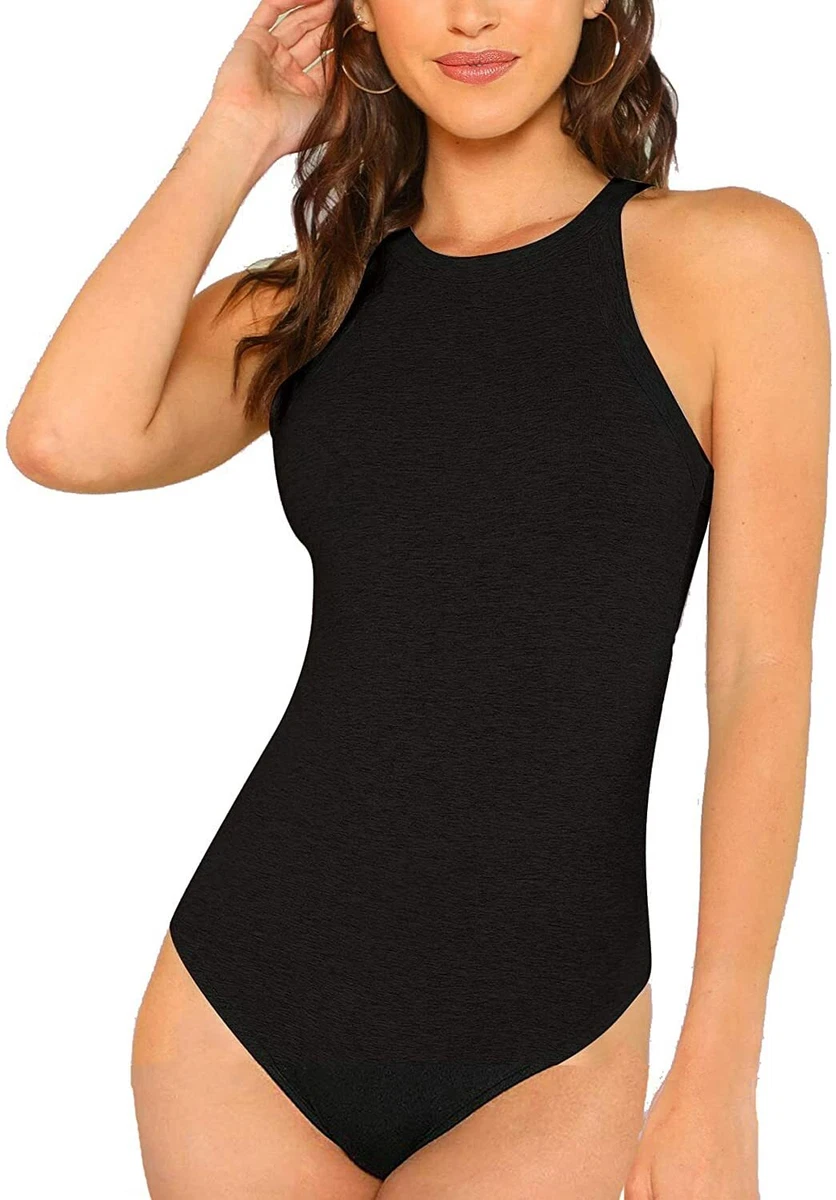 Milumia Women Skinny Halter Bodysuit Mid Waist Solid Fitted Tank Shapewear  Rompe