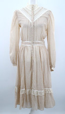 Vtg Women's 70s Cream  Peach Calico Gunne Sax Prairie Midi Dress 1970s Sz M