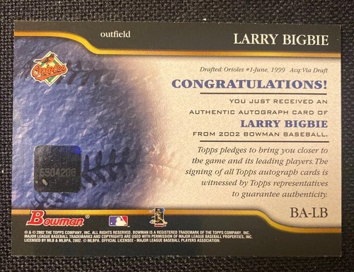 2002 Bowman Autograph Auto Larry Bigbie Orioles *54451 - Bild 2 von 2