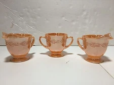 VTG UNUSED! ANCHOR HOCKING Fire King Peach Lustre LEAF Creamer Sugar 3 pc set
