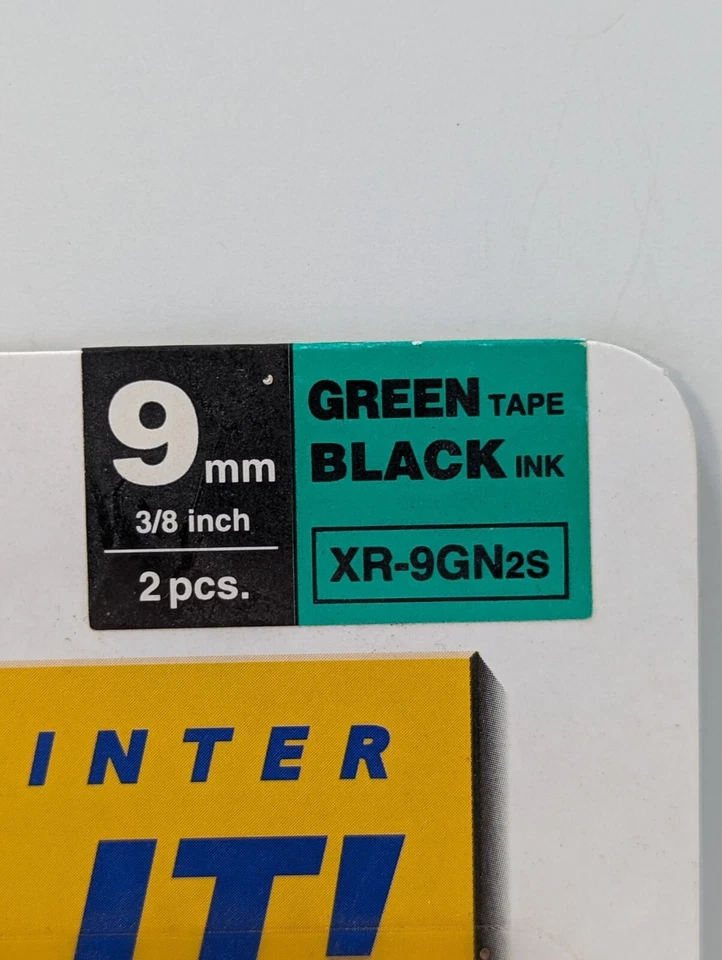 New GENUINE Casio XR-9GN2S  3/8" BLACK ON GREEN Tape 2-Pack Ships Free  - Image 2 of 4