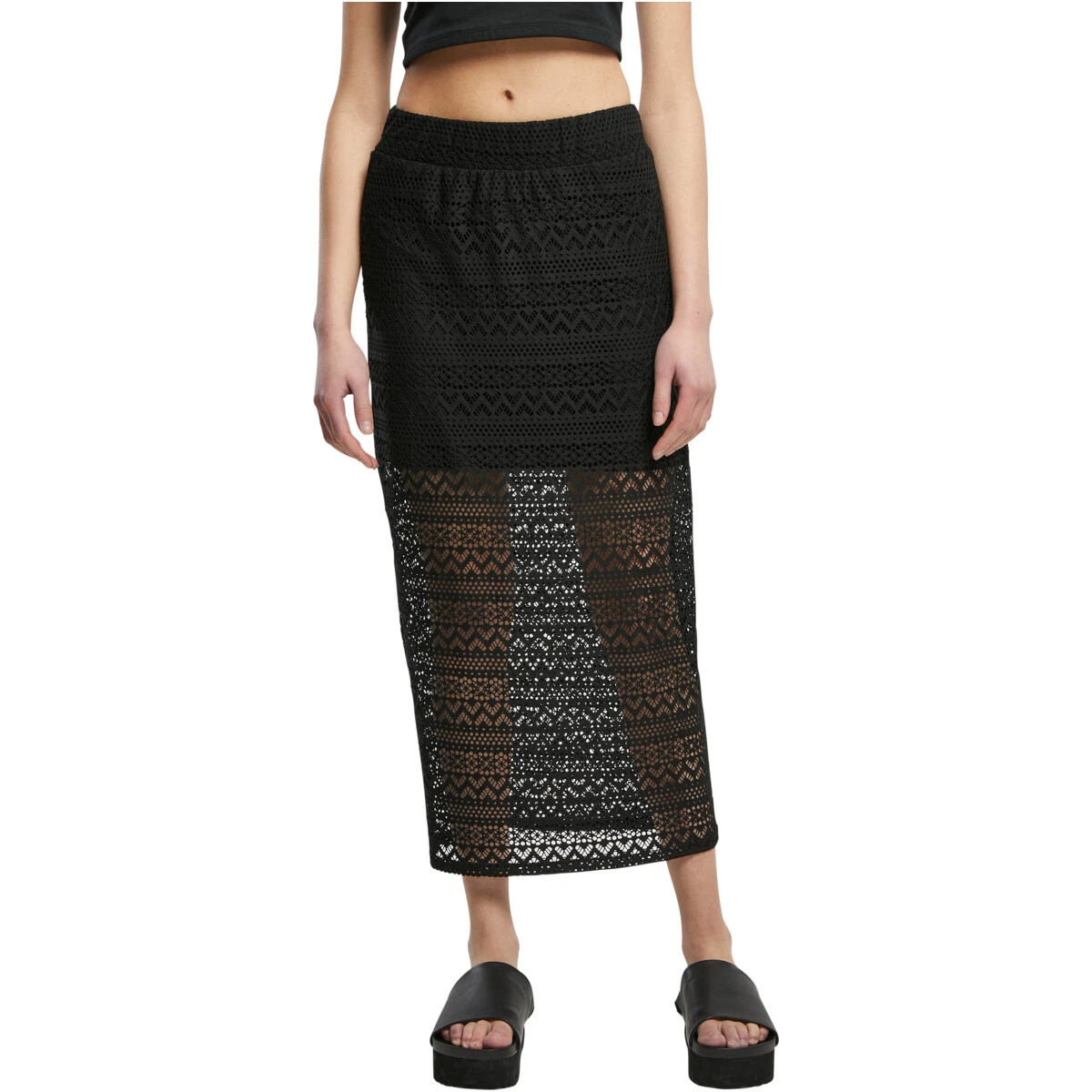 Urban Classics Ladies Stretch Crochet Lace Midi Skirt Lace Pattern Women