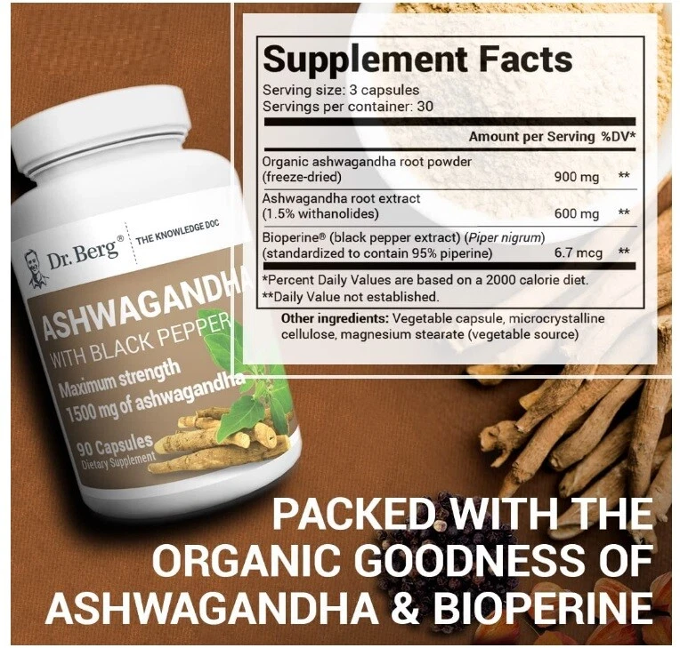 Dr Berg Ashwagandha with Black Pepper Supplement, Mood and Stress Support 90 Cap
