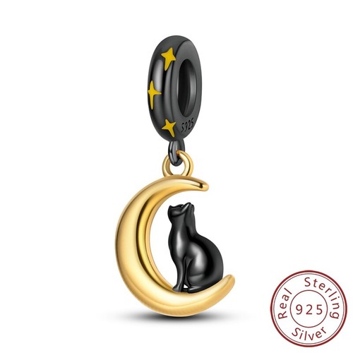 MULA 925 Sterling Silber DIY Charm Schwarz Emaille Katze Mond Dangle Für Armband - Bild 1 von 7