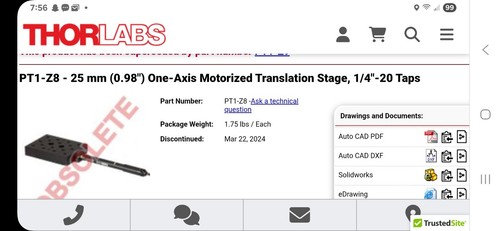 PT1-Z8 - 25 mm (0.98") One-Axis Motorized Translation Stage, 1/4"-20 Taps