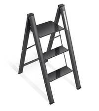 Aluminium 3 Step Ladder with Wide Steps Lightweight Folding Ladder Black