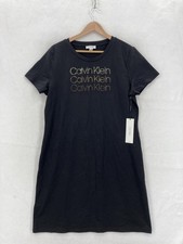 Calvin Klein Dress Womens Large Black Rhinestone Logo T Shirt Preppy Designer