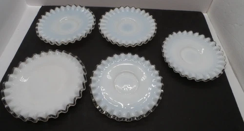 4 Fenton Silver Crest Saucers / 1 Plate Milk Glass 6" Ruffled Edges