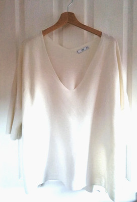 Mango Basics Women s Size M/L Soft White 100% Cotton V-Neck Jumper 3/4 Sleeves