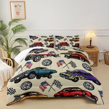 Race Car Comforter Set Queen for Boys, Vintage Race Car Queen Size Bedding, S...