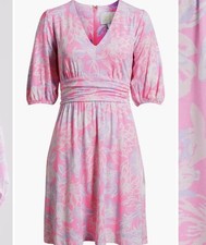 NWT LILLY PULITZER Bright Dress Pink Floral 2 Zen Garden 178 V Neck Sleeves