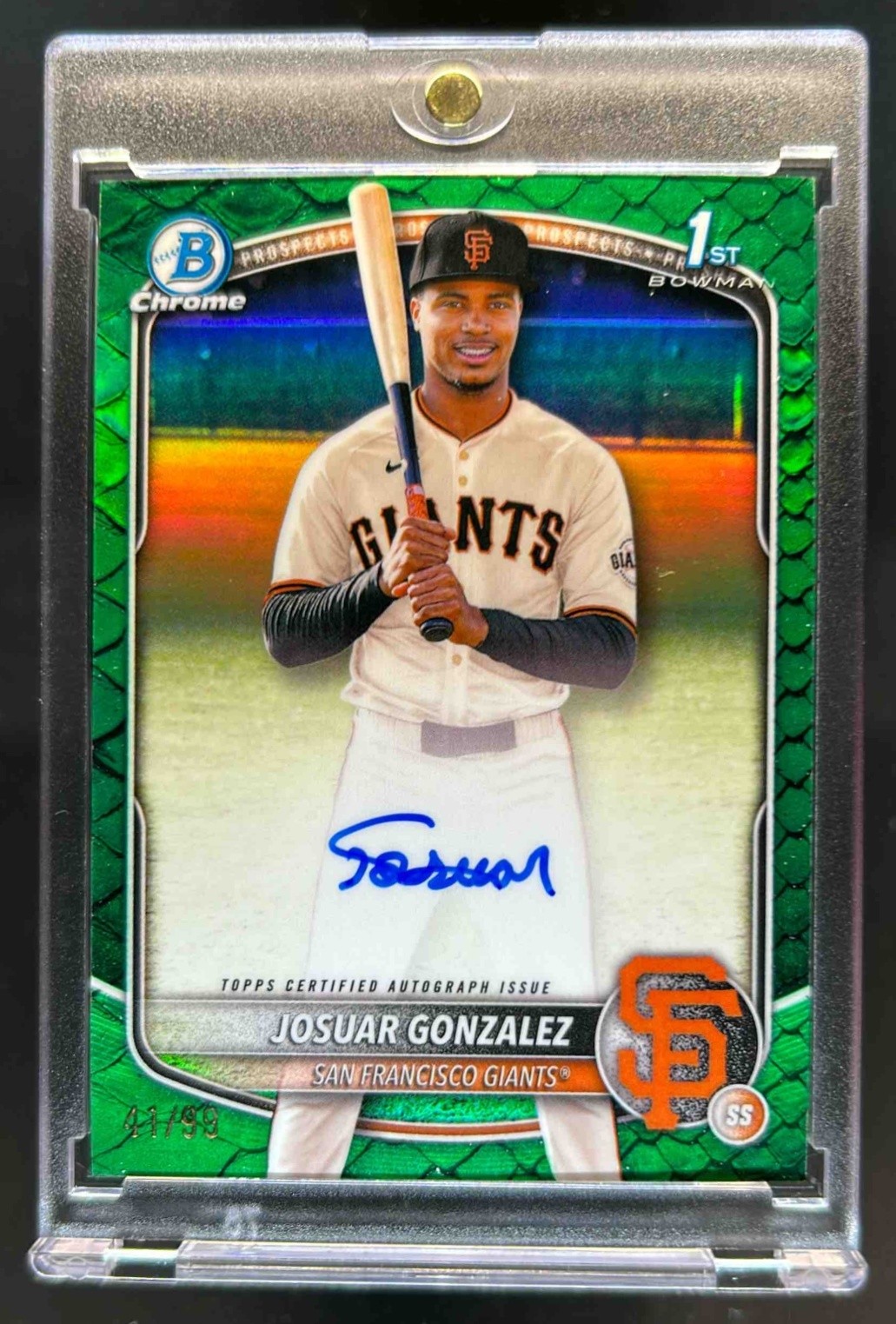 2025 Bowman Chrome Josuar Gonzalez Auto Reptilian Green Refractor 1st #41/99