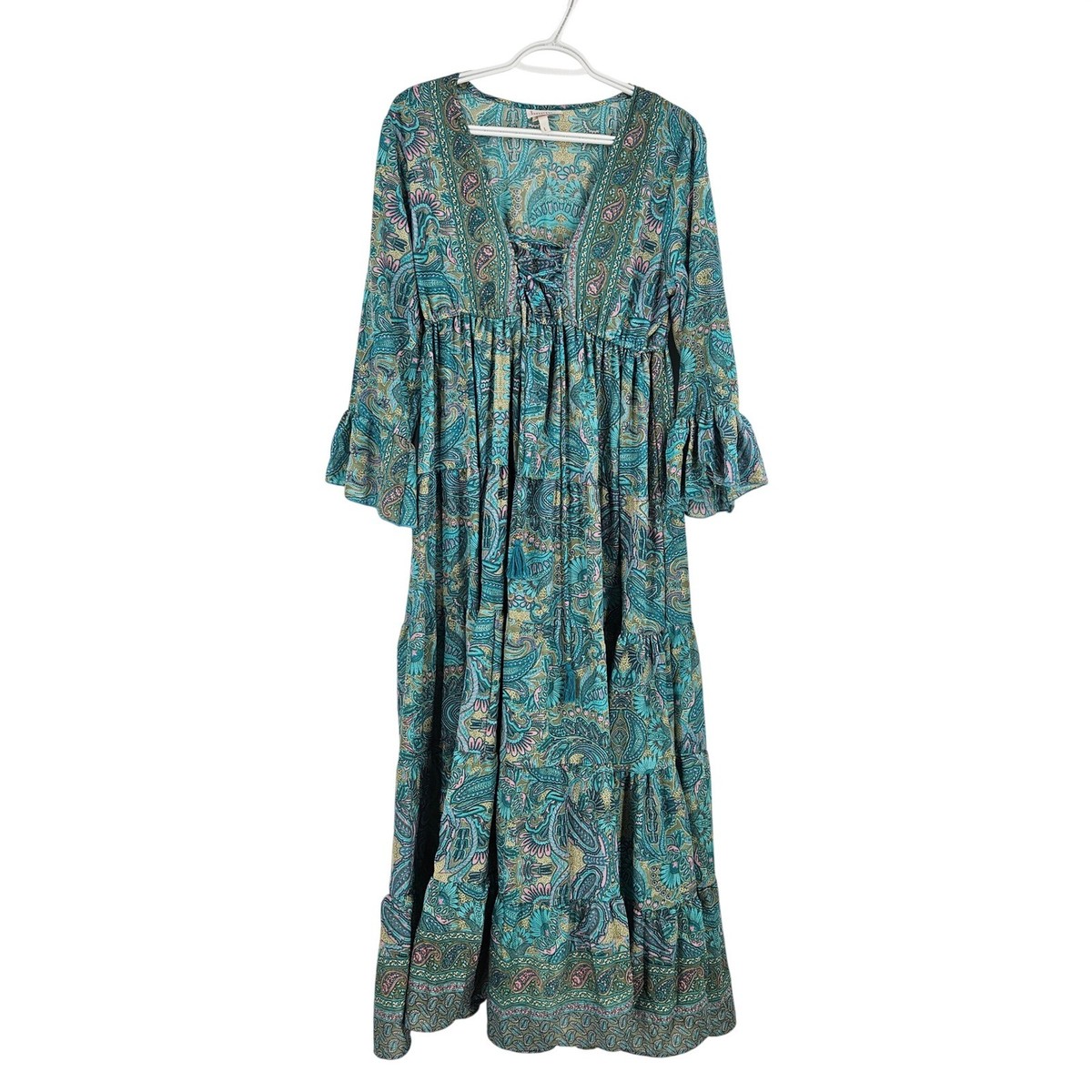 Boemo Green Cottage Core Milk Maid Dress Teal Paisley Lace Up Tiered Maxi Boho L Boemo Green Cottage Core Milk Maid Dress Teal Paisley Lace Up Tiered Maxi Boho L
