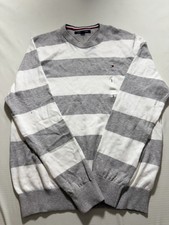 Tommy Hilfiger Men's Silver Signature Rugby Striped Crew-Neck Pullover Sweater