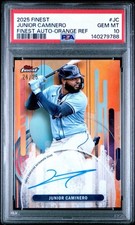 2025 Topps Finest Junior Caminero ON CARD AUTO Orange Refractor /25 Rays PSA 10