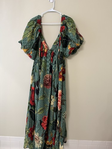 NWT Anthropologie Green Floral MaxI Dress, Off The Shoulder, Puff Sleeve, Xl