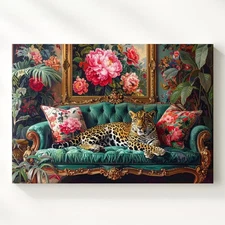 Regal Leopard On Emerald Couch Canvasmaximalist Jungle Luxe Interior Art Wall