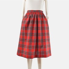 Vintage 70s Red Tartan Plaid Wool Blend Preppy Full Midi Skirt with Pockets S
