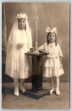 Antique RPPC Little Girls First Communion Photo Dresses Veils Candle Postcard