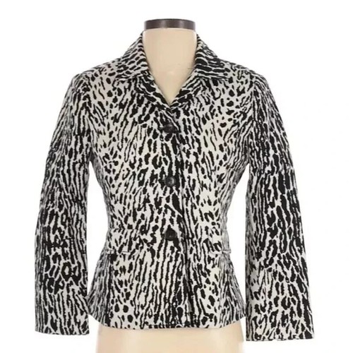 Talbots Blazer Women Petite 4P White/Black Animal Print Cotton Blend Long Sleeve