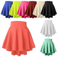 Womens High Waisted Stretch Flared Pleated Mini Skater Skirt Longer Back NEWSK12
