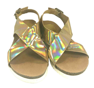 Crisscross Buckle Flat Walking Summer Sandals Metallic Hologram Gold US 6.5