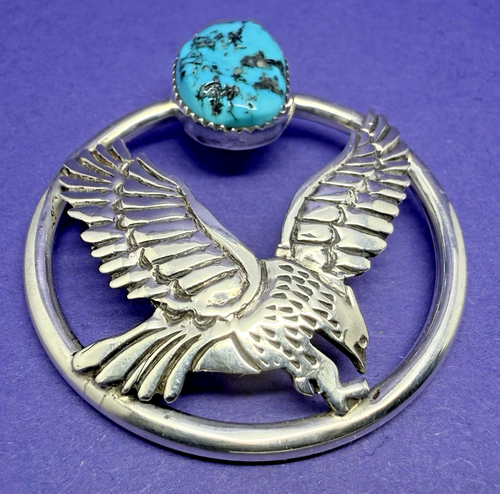 SOLID SILVER & TURQUOISE NATIVE AMERICAN NAVAJO EAGLE PENDANT BY ROBERT BECENTI