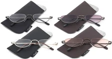Half Rim Moon Shape Metal Frame Spring Hinge Reading Glasses w/ Pouch, 1.00-2.50