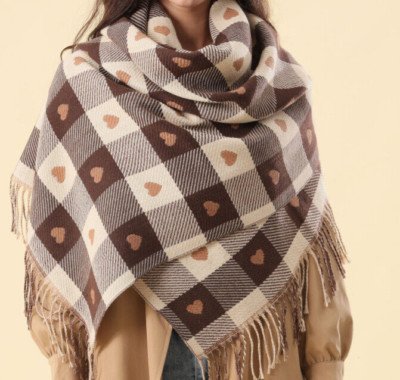 XXL blogger kuschel Viskose Wolle Mix Schal taupe beige Karo Plaid Stola Herzen