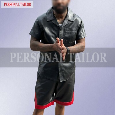 MEN'S SUMMER IN MIAMI REAL LAMBSKIN BLACK RED LEATHER SHIRT AND SHORTS SET  WALK