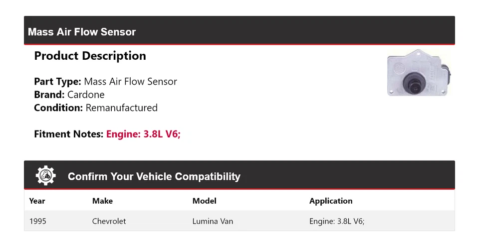 Sensor de flujo de aire de masa Cardone para camioneta Chevrolet Lumina 1995 3,8 L V6 Foto 2 de 4