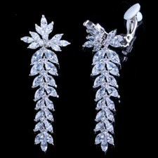CWWZircons Long Leaf Drop Clip On Ear CZ Non Pierced Earrings for Women Wedding