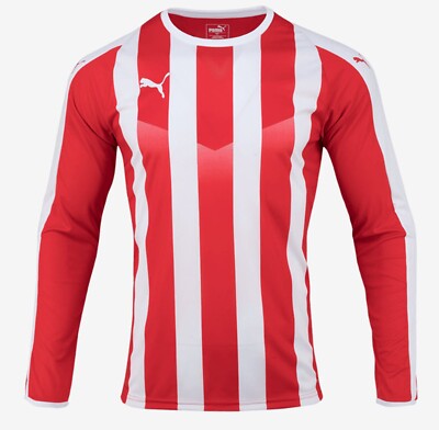 Puma Men LIGA Stripe L/S T-Shirts Training Red Soccer Tee GYM Jersey 70428901
