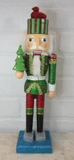 14" Wooden Nutcracker Cresent  TEAL GREEN RED SPARKLE GLITTER