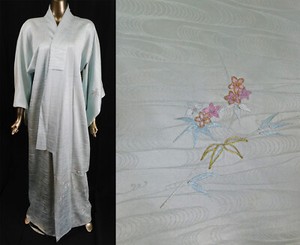 Vintage Japanese Powder Blue Silk Damask Spiral Waves Embroidered Flowers Kimono