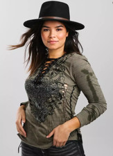 New Women's Affliction Long Sleeve Vintage Lace Charlotte Oak Green T-Shirt Top