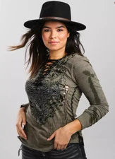 New Women's Affliction Long Sleeve  Vintage Lace Charlotte Oak Green T-Shirt Top