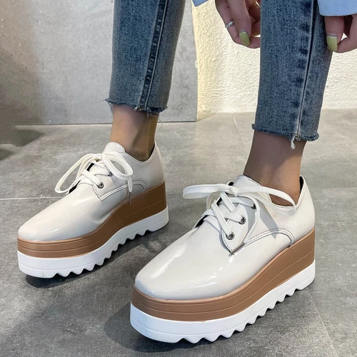 Zapatos informales con cordones de tacón alto de cuña para mujer charol plataforma Creepers - Imagen 9 de 10