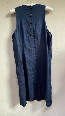 j crew button back linen dress J.Crew Shift Dress Embroidered Button Back Sleeveless Medium Petite Navy  Linen